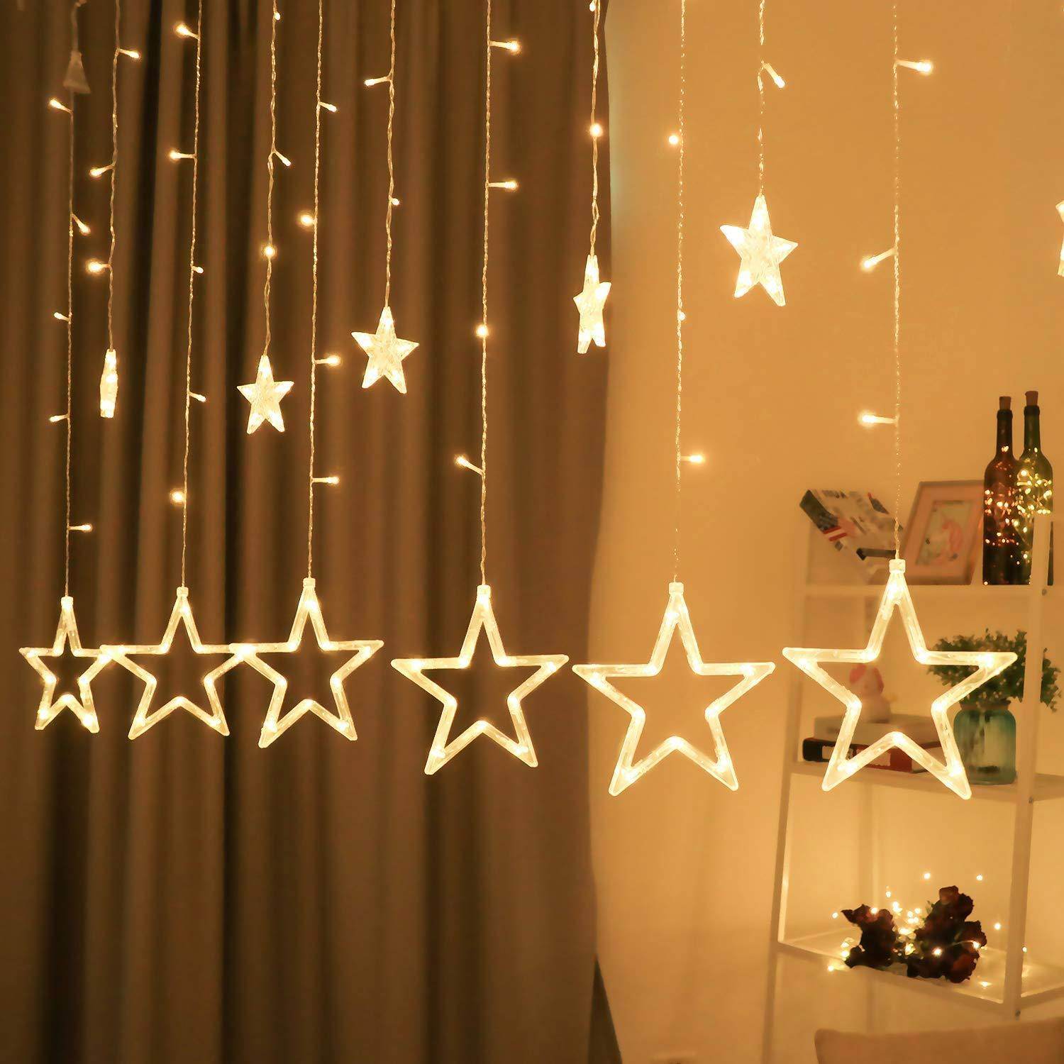 12 Star Curtain String Decorative Led Lights with 4 Meter (1 Curtain) 114 Led, (6+6 Star,Warm White,Corded electric,Plastic,Corner) - Gardino