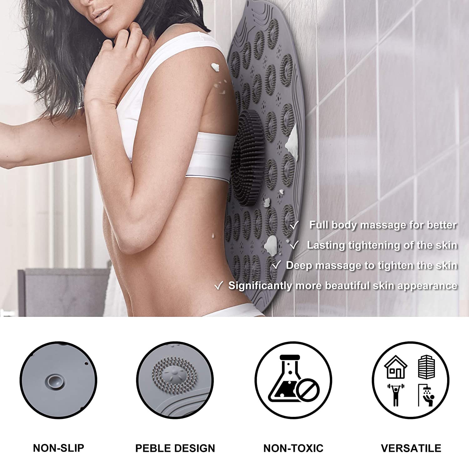 Anti-Skid Bathroom Shower Mat | Non-Slip Foot Pad with Suction Cups & Drain Holes | Soft Silicone Foot Massager Scrubber (Round) Gardino