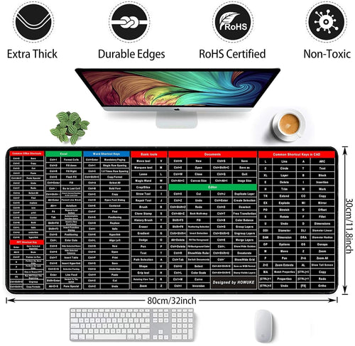 Anti-Slip Keyboard Pad | Office & Excel Shortcuts Cheat Sheet Mouse Pad | Large Extended Desk Mat with Smooth Cloth Surface & Rubber Base for Gaming, Office, and Work Gardino