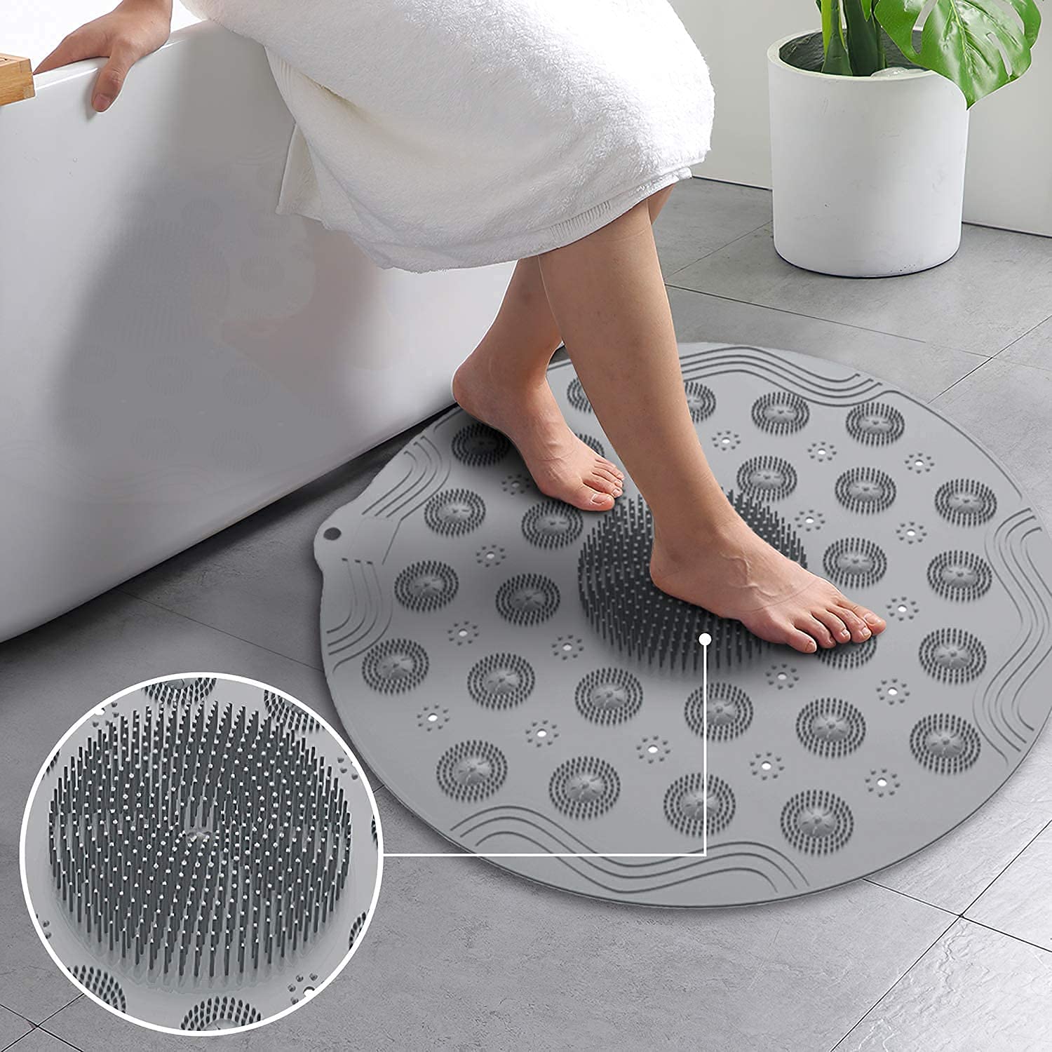 Anti-Skid Bathroom Shower Mat | Non-Slip Foot Pad with Suction Cups & Drain Holes | Soft Silicone Foot Massager Scrubber (Round) Gardino