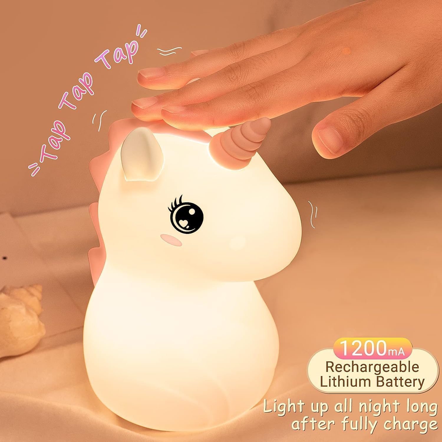 Silicone Unicone Night Light Rechargeable Led Lamp with 7-Color Breathing Modes, Touch Sensor Control Gardino