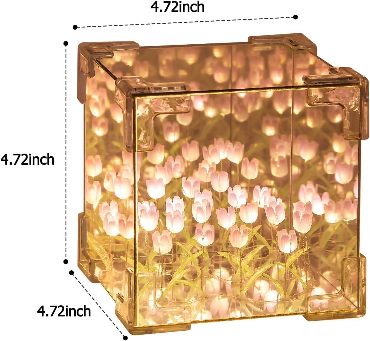 GARDINO Infinity Mirror Tulip Cube LED Lamp - 20 LED Flower Lights, Dual-Purpose Tabletop & Mirror Decor Gardino