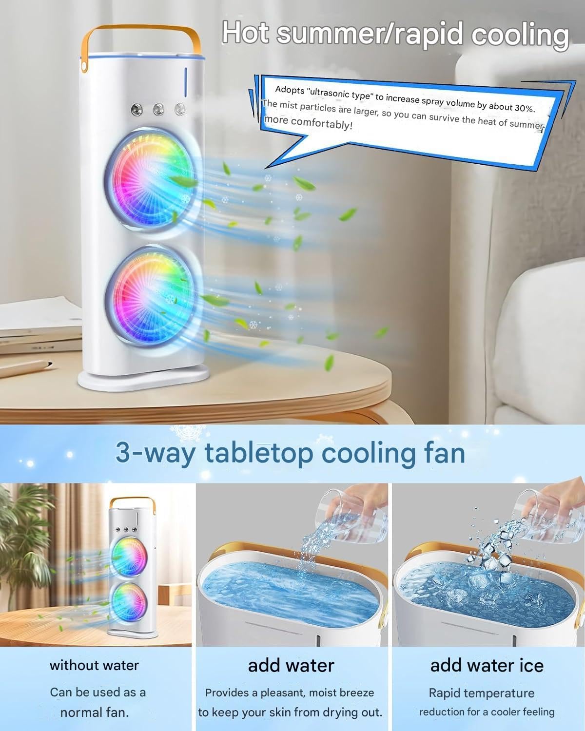 Double-Ended Spray cooler – USB Rechargeable, 3-Speed Oscillating Fan with Remote, LED Light & Ice Cooling 4000mAh Gardino