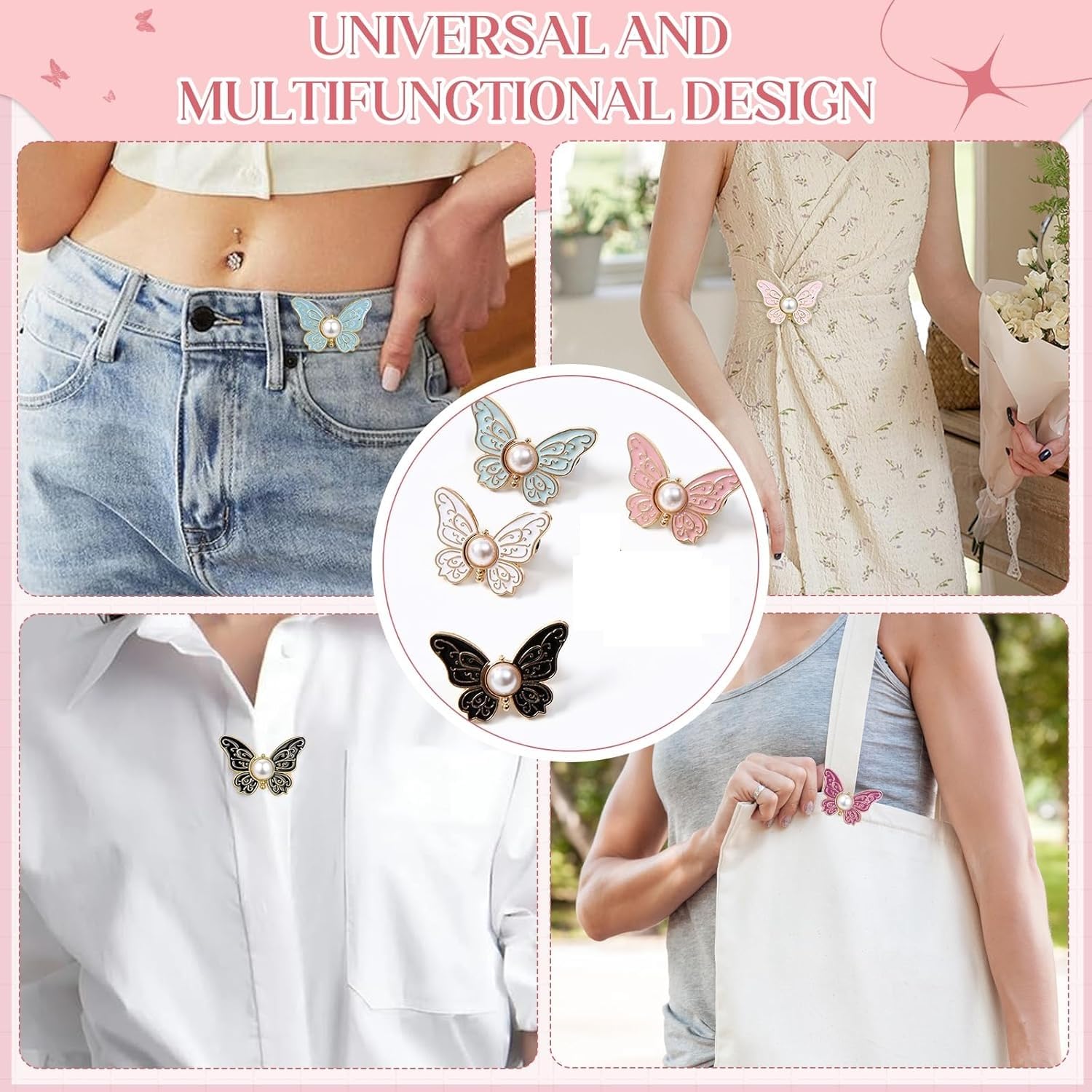 Butterfly Jean Button Waist Tightener Set – No-Sew Adjustable Waist Buckle Clips, Detachable Decorative Button Pins for Jeans & Skirts(Pack of 4)