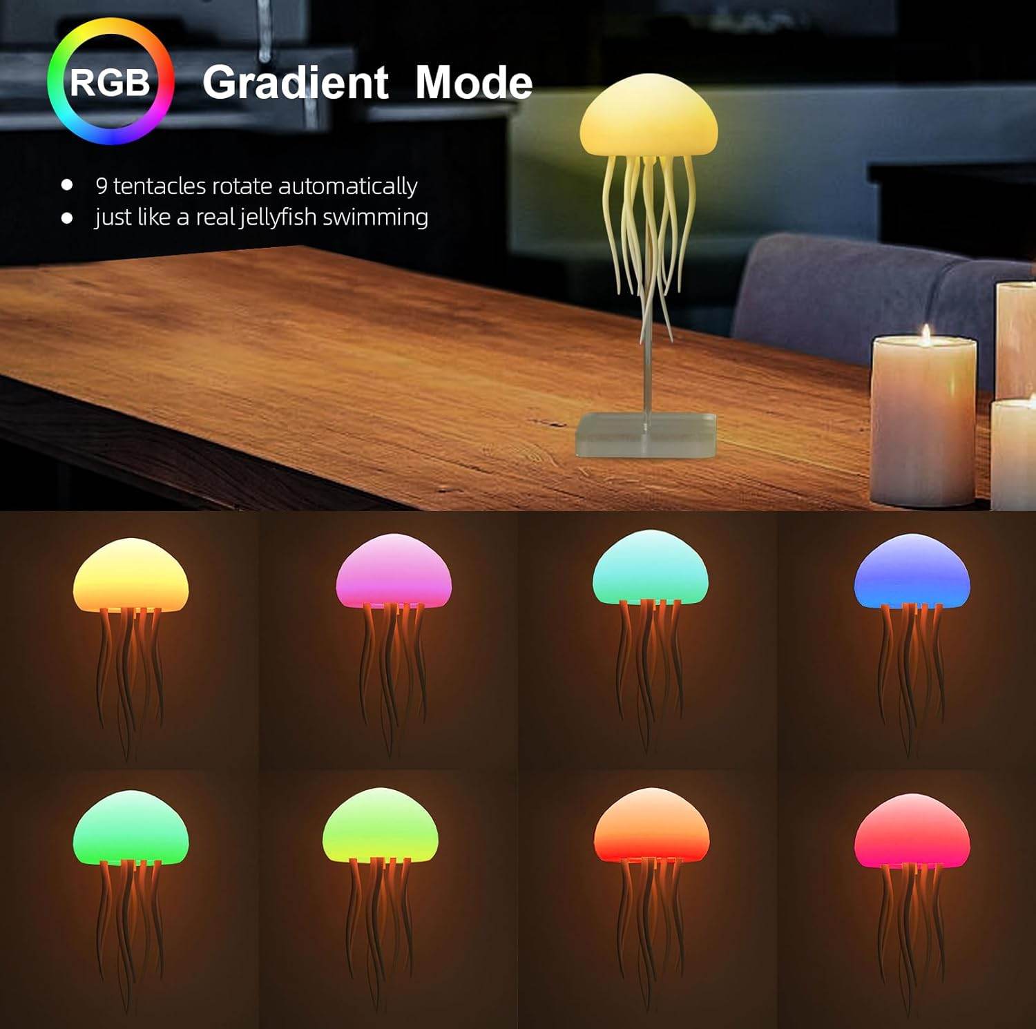 Jellyfish LED Night Light – 7-Color Changing Baby Room Lamp | Hanging + Base | Aesthetic Ocean-Themed Decor & Gift - Gardino