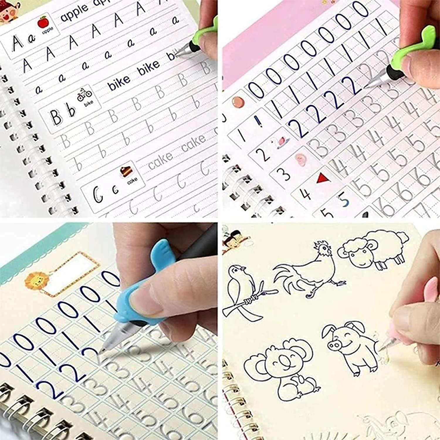Sank Magic Practice Copybook (4 BOOKS+10 REFILL+1Pen+1Grip) Number Tracing Book for Preschoolers with Pen, Magic Calligraphy Copybook Set Practical Reusable Writing Tool Simple Hand Lettering Gardino