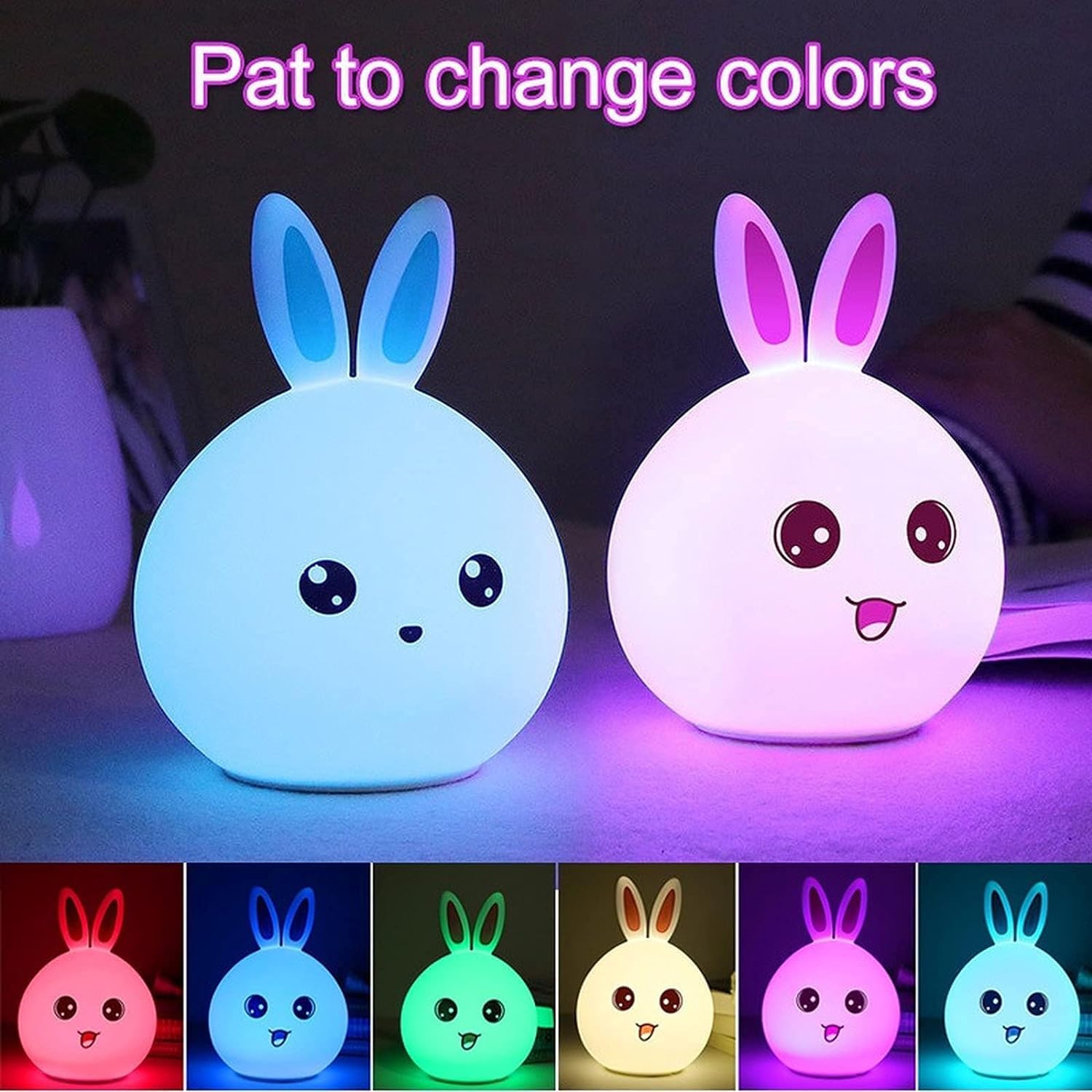 Cute Big Face Rabbit Silicone Beside Night Light For Kids, Color Changing Lamp Toddlers, Portable And Usb Rechargeable Gardino
