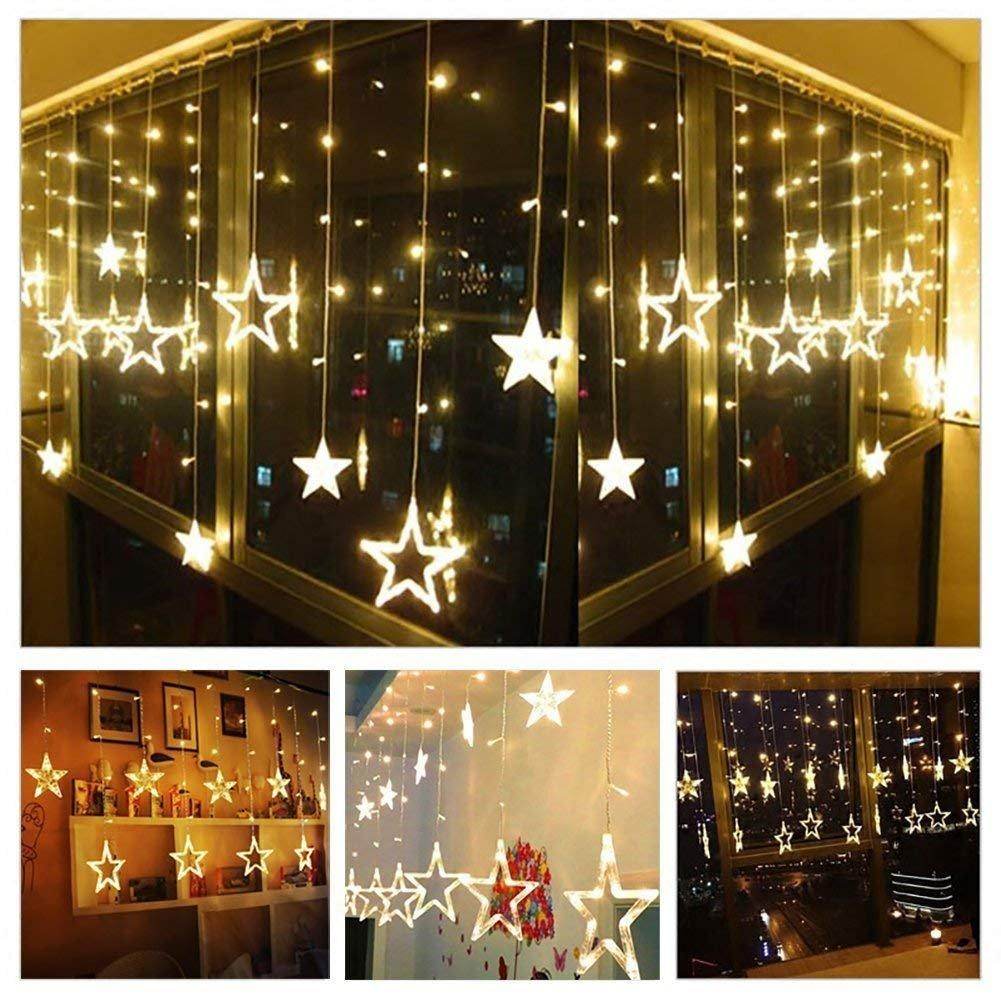 12 Star Curtain String Decorative Led Lights with 4 Meter (1 Curtain) 114 Led, (6+6 Star,Warm White,Corded electric,Plastic,Corner) - Gardino