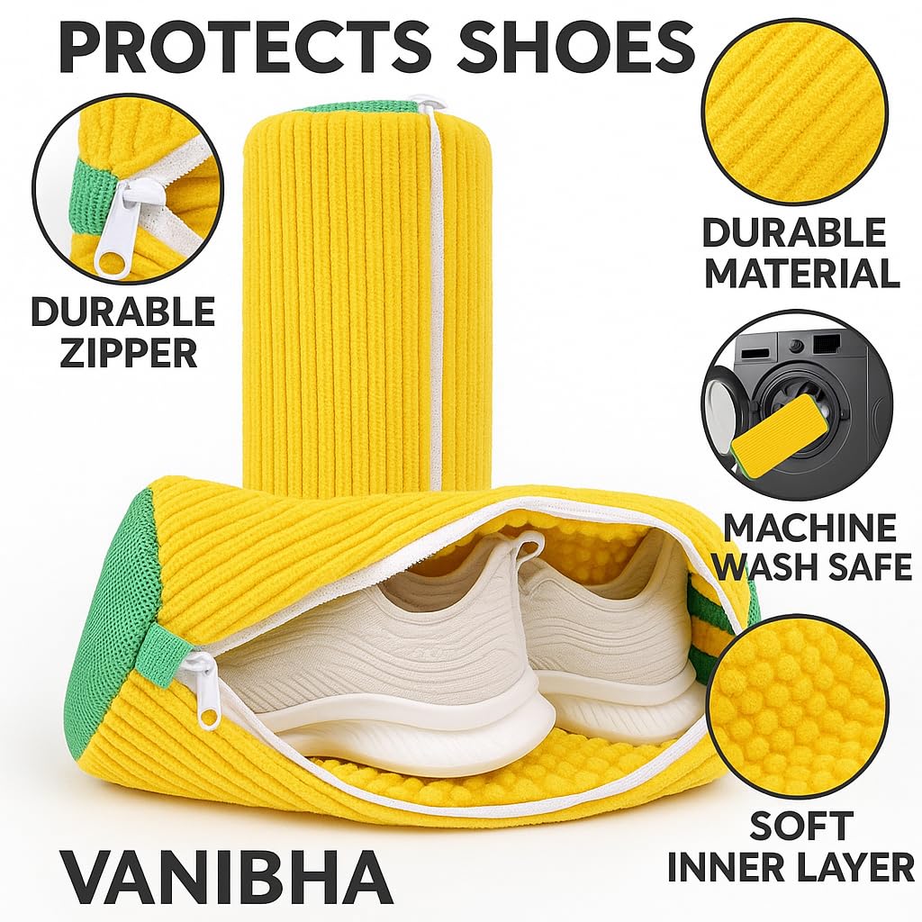 Yellow shoe organizer with text highlighting features like durable material, machine wash safe, and soft inner layer.