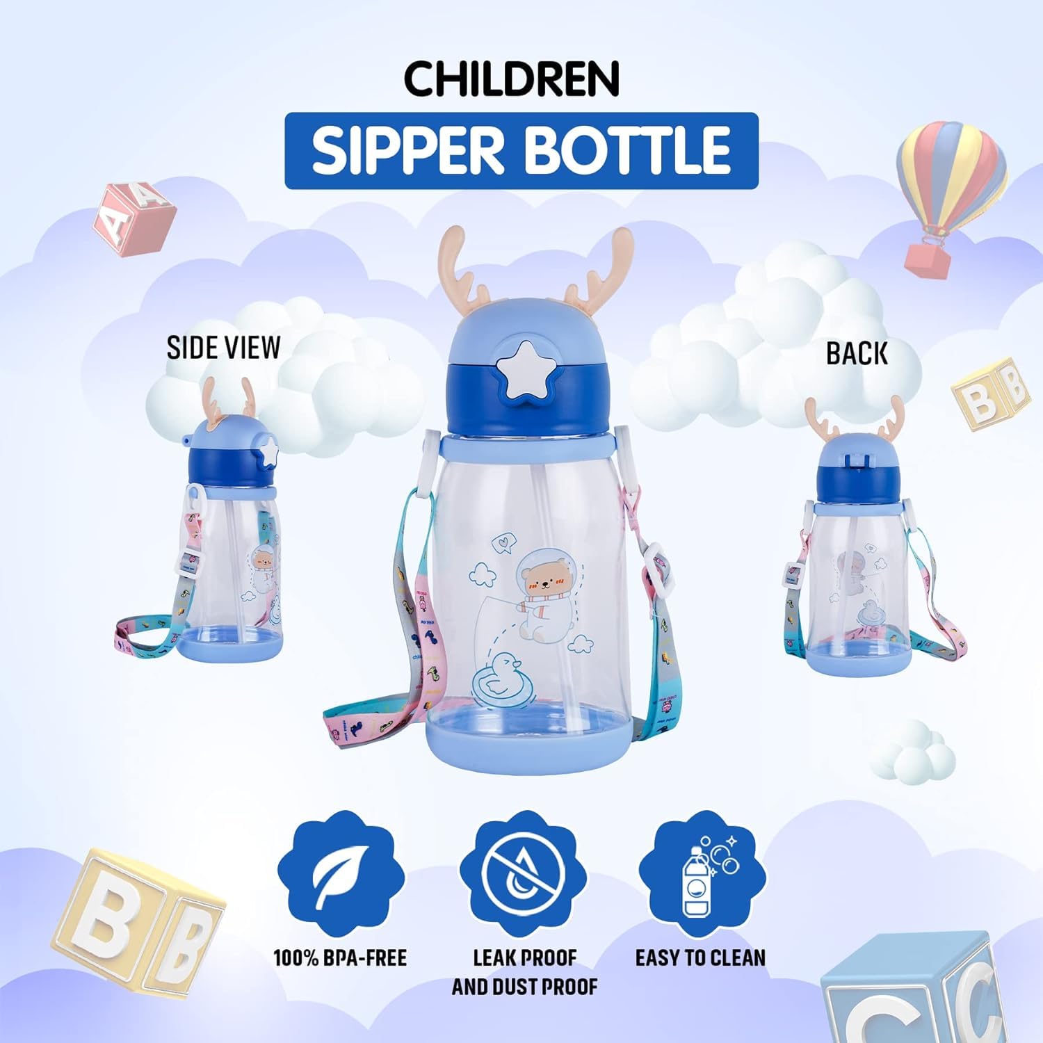 Multi-Cartoon Design Water Bottle with Straw & Strap | BPA-Free, Non-Toxic, Anti-Leak Bottle for Kids | Perfect for School & Home Gardino