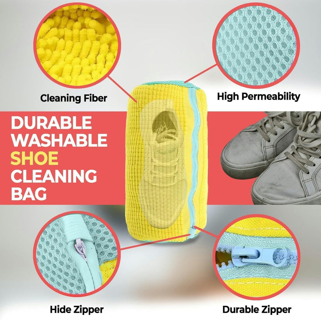 Durable washable shoe cleaning bag with features highlighted on a white background