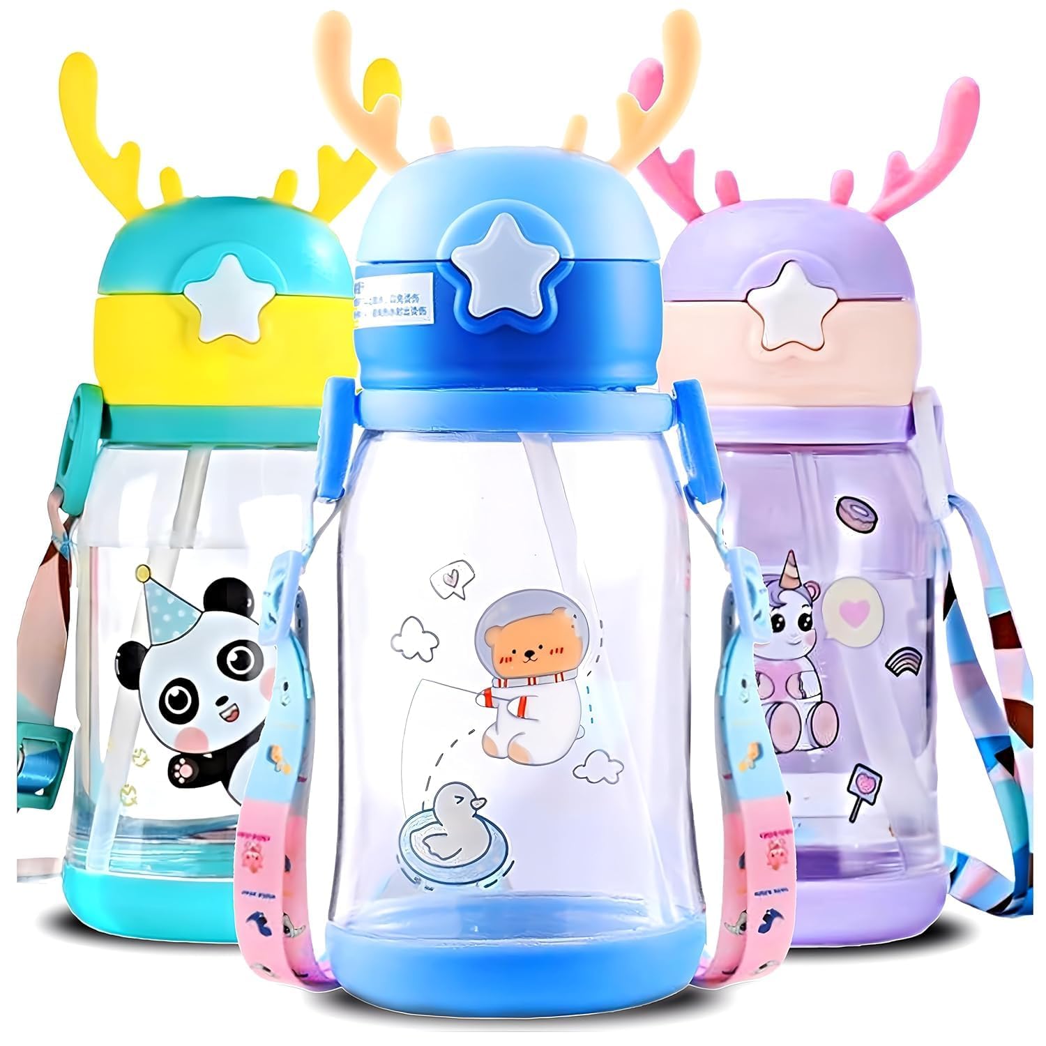 Multi-Cartoon Design Water Bottle with Straw & Strap | BPA-Free, Non-Toxic, Anti-Leak Bottle for Kids | Perfect for School & Home Gardino
