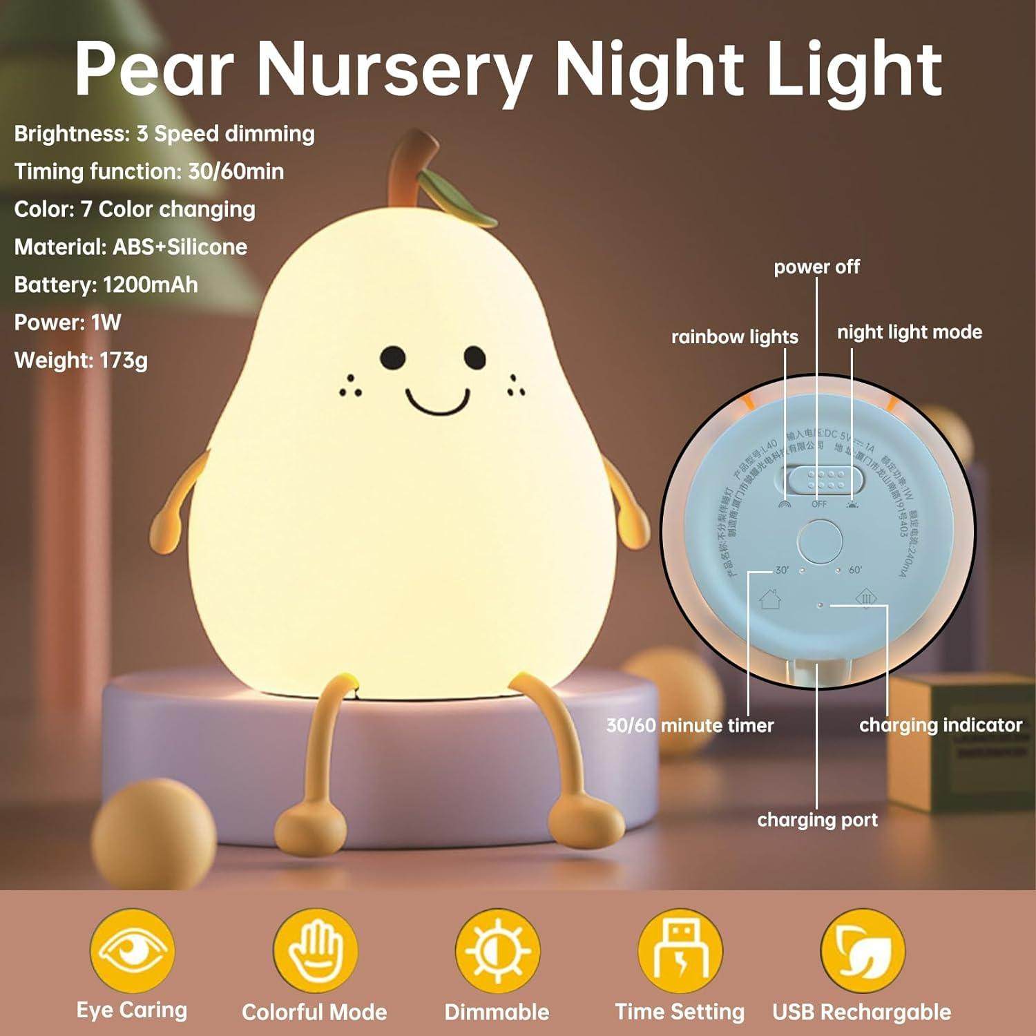 Cute Pear Night Lamp , 7 Colors Changing Silicone Nursery Night Light - Gardino