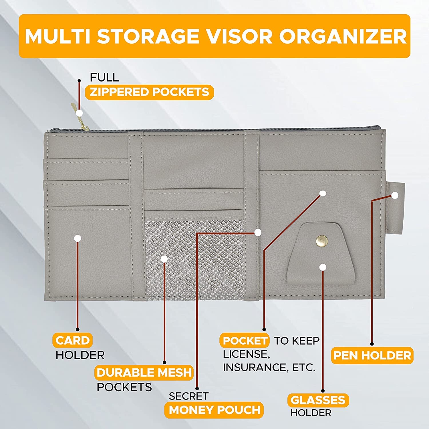 Multi-Function Car Space Sun Visor Organizer Hanging Phone Storage Pouch Holde (Grey) Gardino