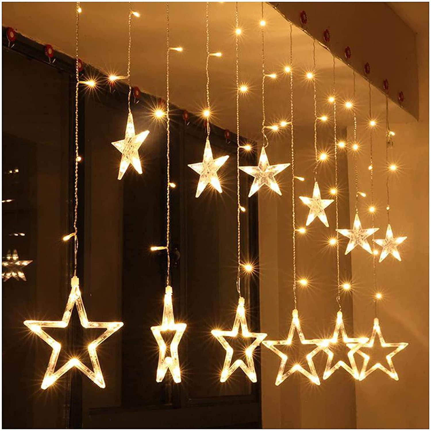 12 Star Curtain String Decorative Led Lights with 4 Meter (1 Curtain) 114 Led, (6+6 Star,Warm White,Corded electric,Plastic,Corner) - Gardino