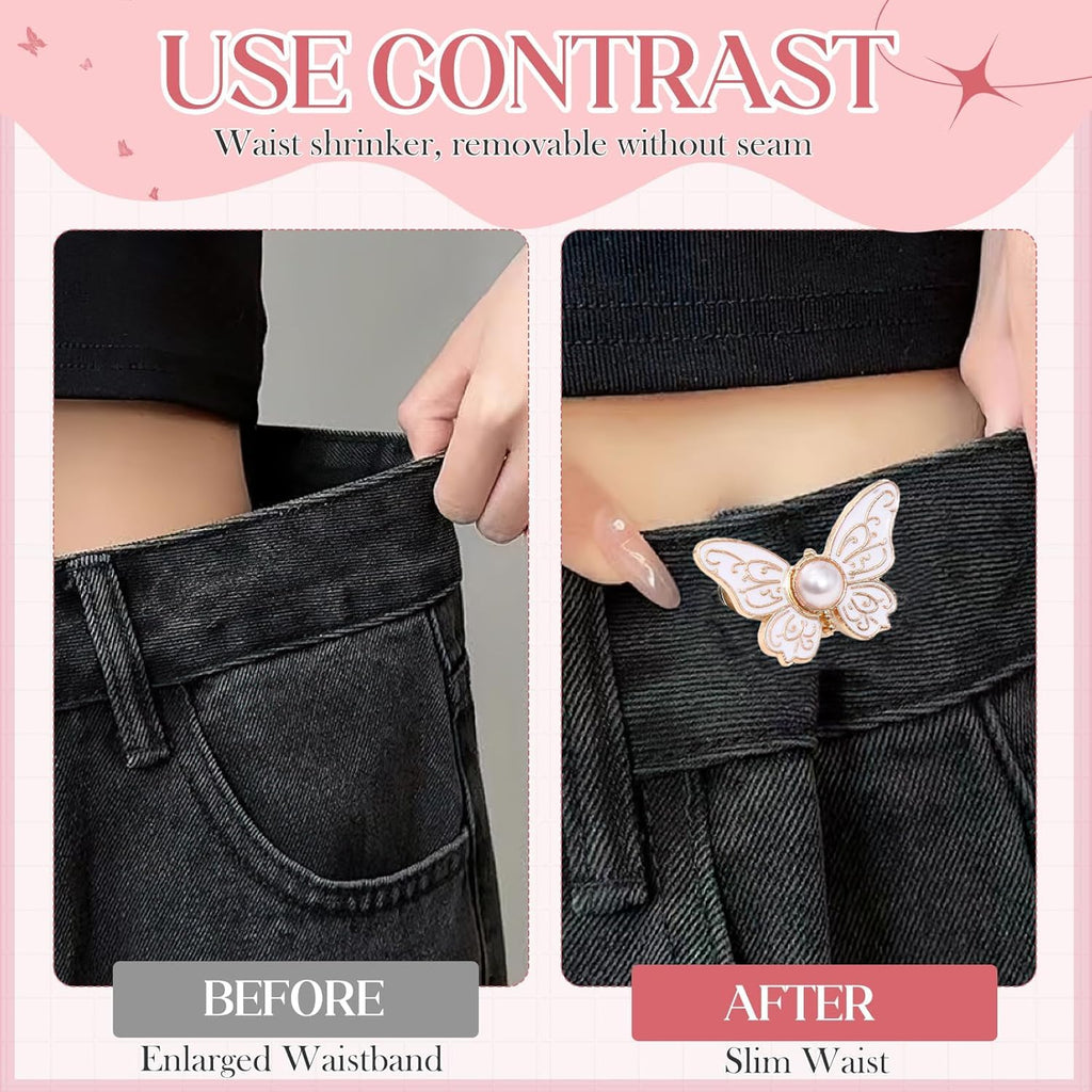 Butterfly Jean Button Waist Tightener Set – No-Sew Adjustable Waist Buckle Clips, Detachable Decorative Button Pins for Jeans & Skirts(Pack of 4)