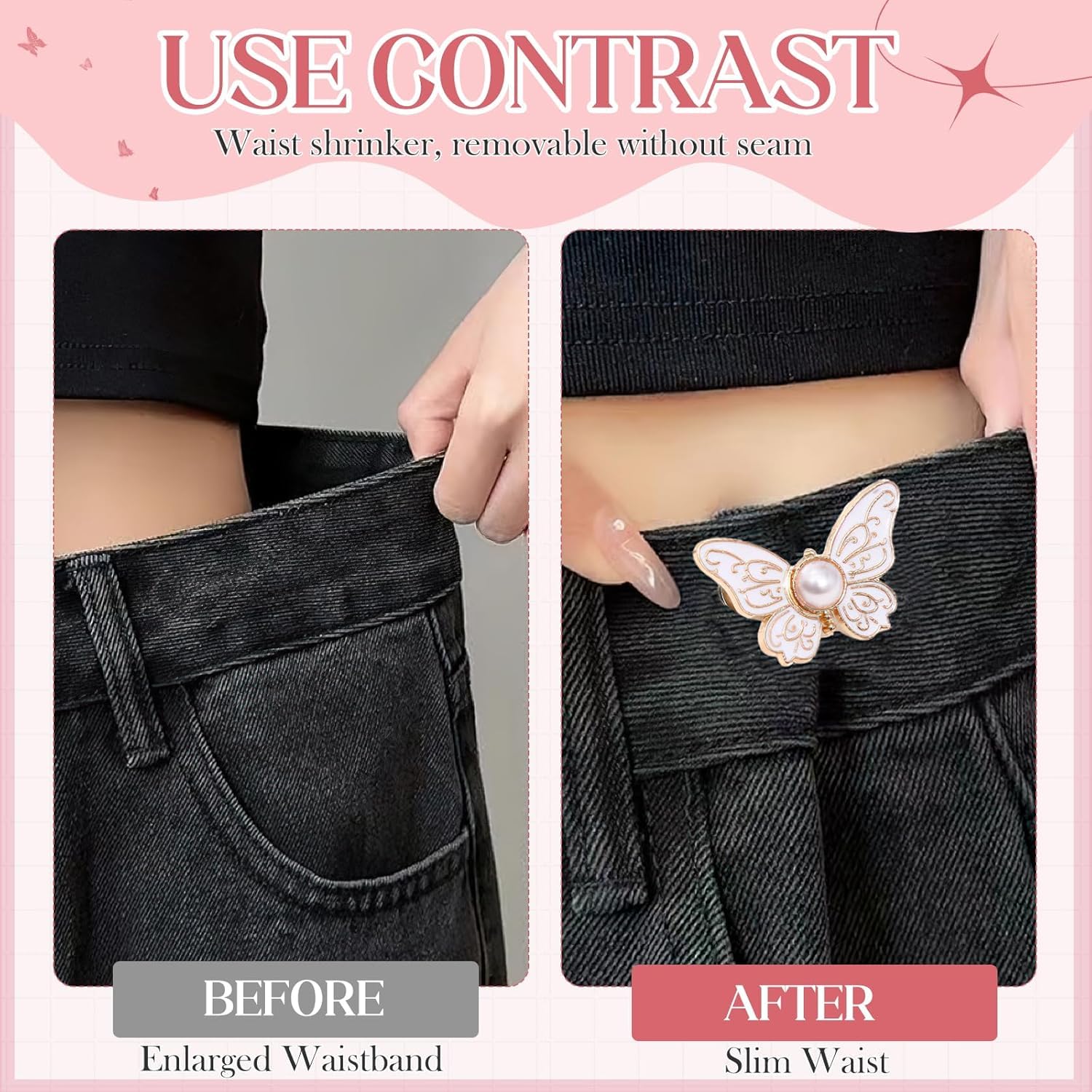 Butterfly Jean Button Waist Tightener Set – No-Sew Adjustable Waist Buckle Clips, Detachable Decorative Button Pins for Jeans & Skirts(Pack of 4)