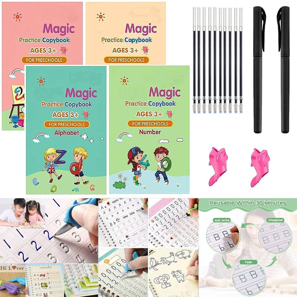 Sank Magic Practice Copybook (4 BOOKS+10 REFILL+1Pen+1Grip) Number Tracing Book for Preschoolers with Pen, Magic Calligraphy Copybook Set Practical Reusable Writing Tool Simple Hand Lettering Gardino