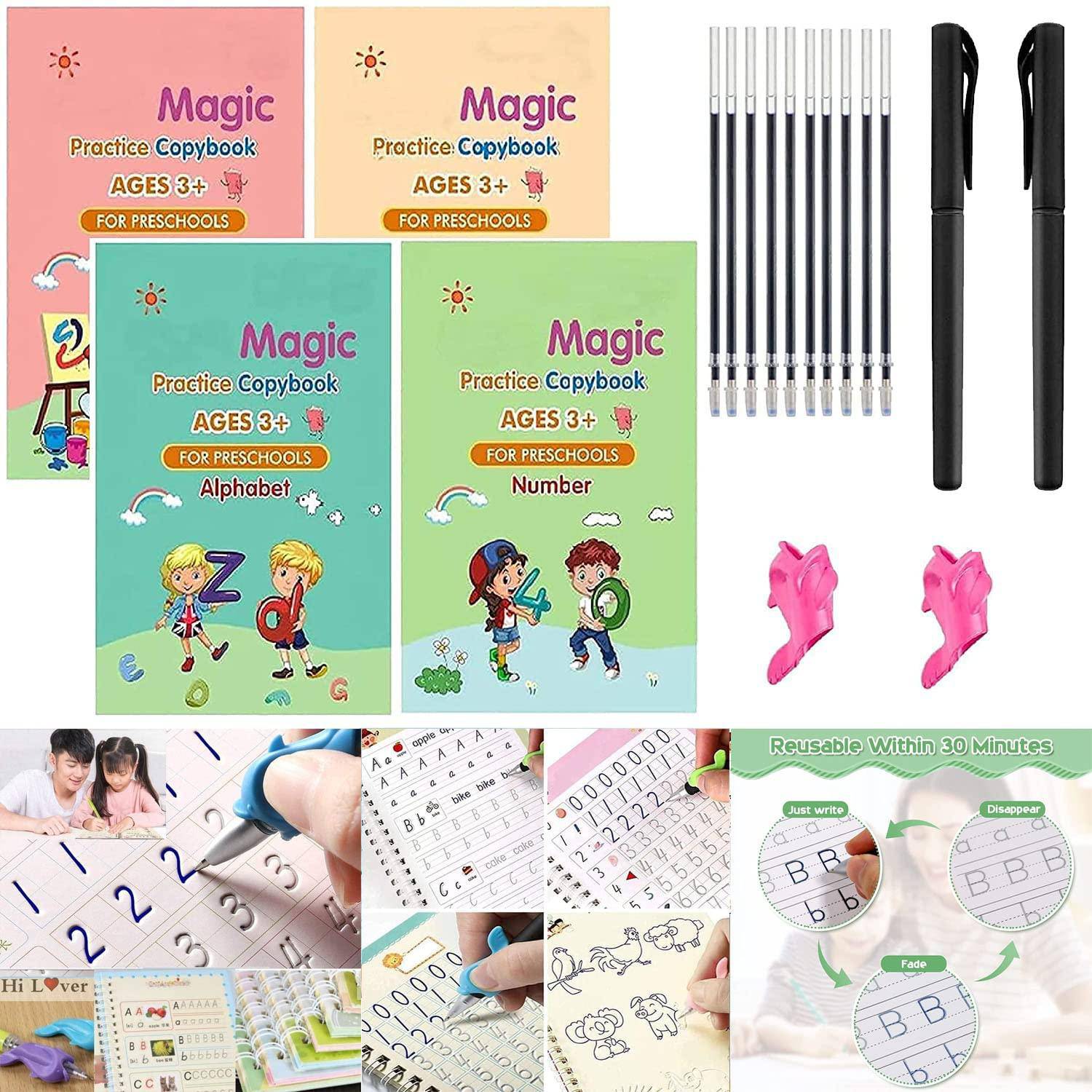 Sank Magic Practice Copybook (4 BOOKS+10 REFILL+1Pen+1Grip) Number Tracing Book for Preschoolers with Pen, Magic Calligraphy Copybook Set Practical Reusable Writing Tool Simple Hand Lettering Gardino
