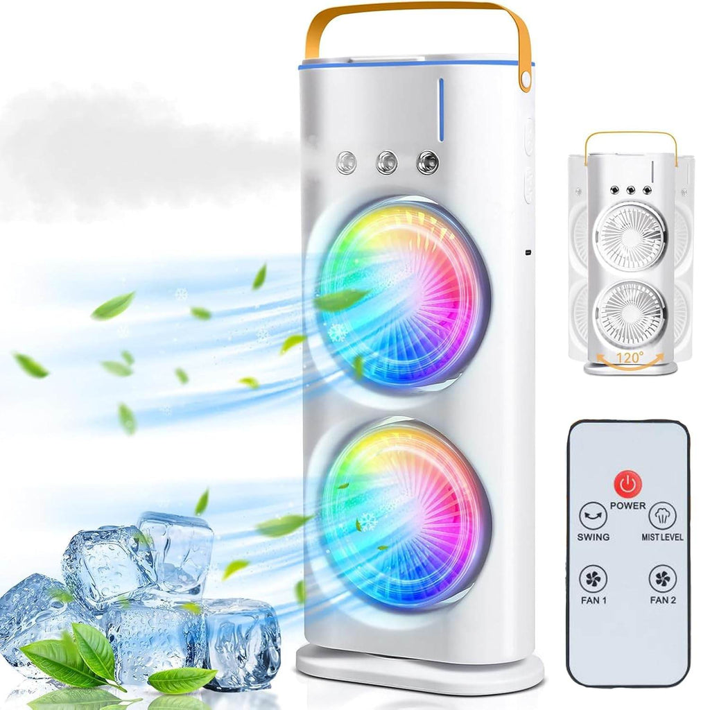 Double-Ended Spray cooler – USB Rechargeable, 3-Speed Oscillating Fan with Remote, LED Light & Ice Cooling 4000mAh - Gardino
