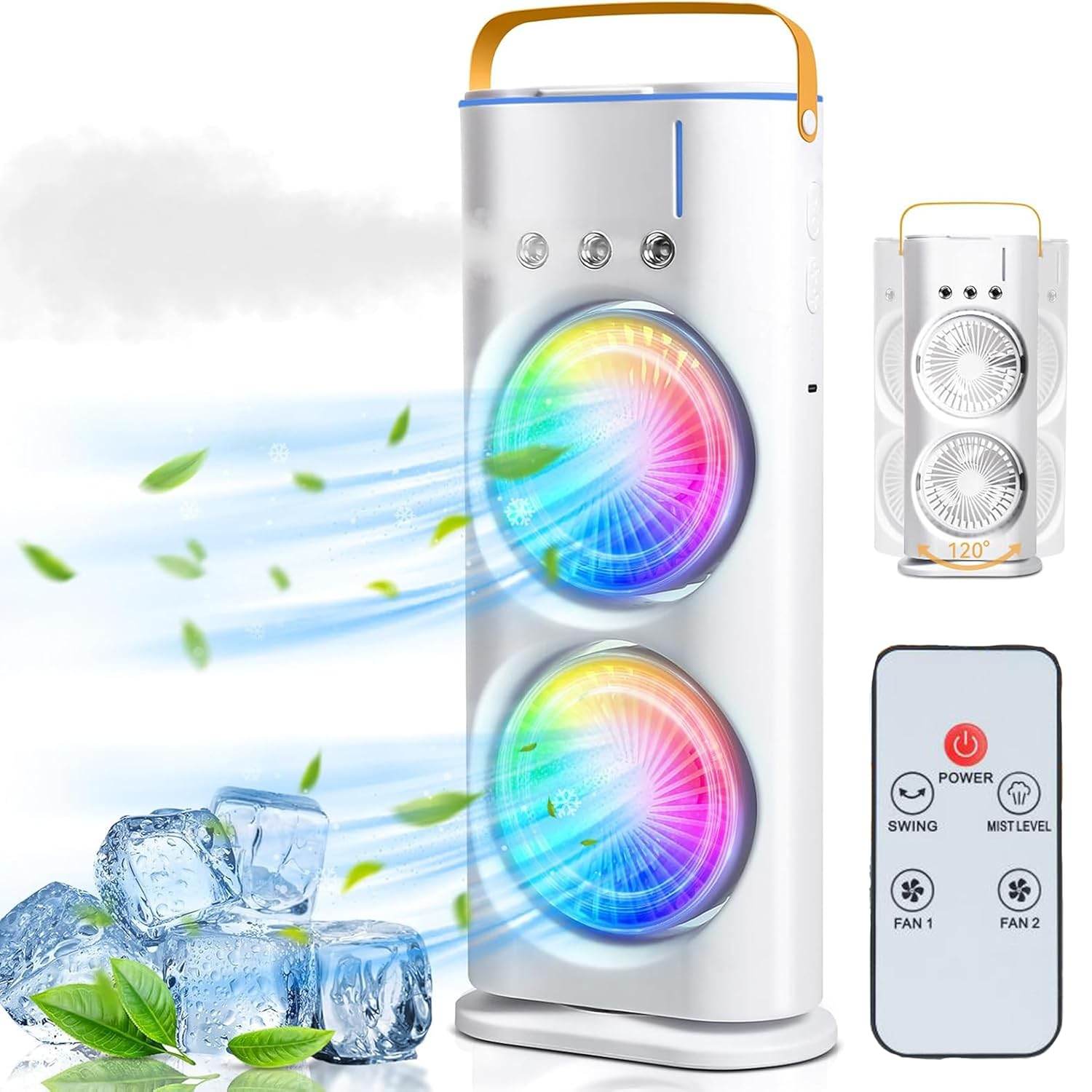 Double-Ended Spray cooler – USB Rechargeable, 3-Speed Oscillating Fan with Remote, LED Light & Ice Cooling 4000mAh - Gardino