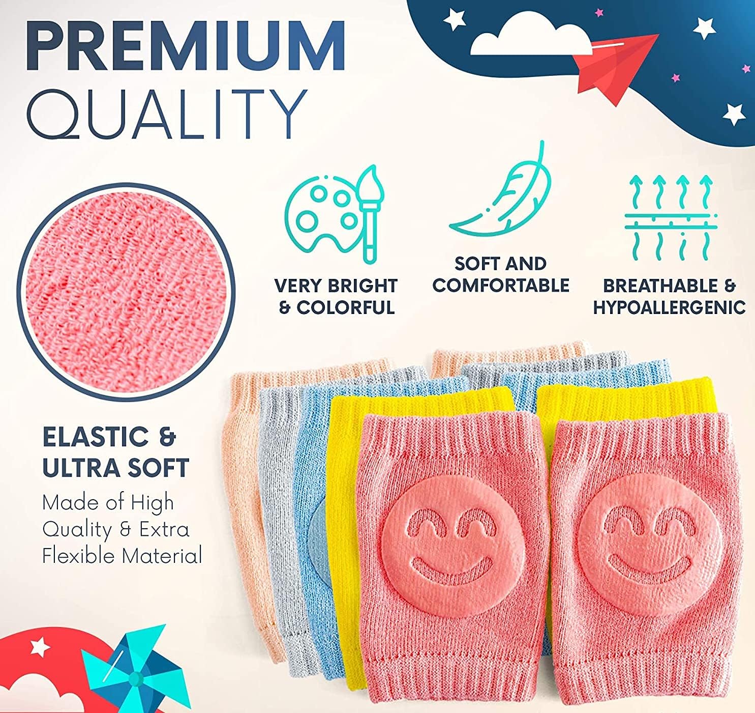 Baby Smiley Knee Pads for Crawling – Anti-Slip Elastic Cotton Knee & Elbow Safety Protectors (Random Color) Gardino