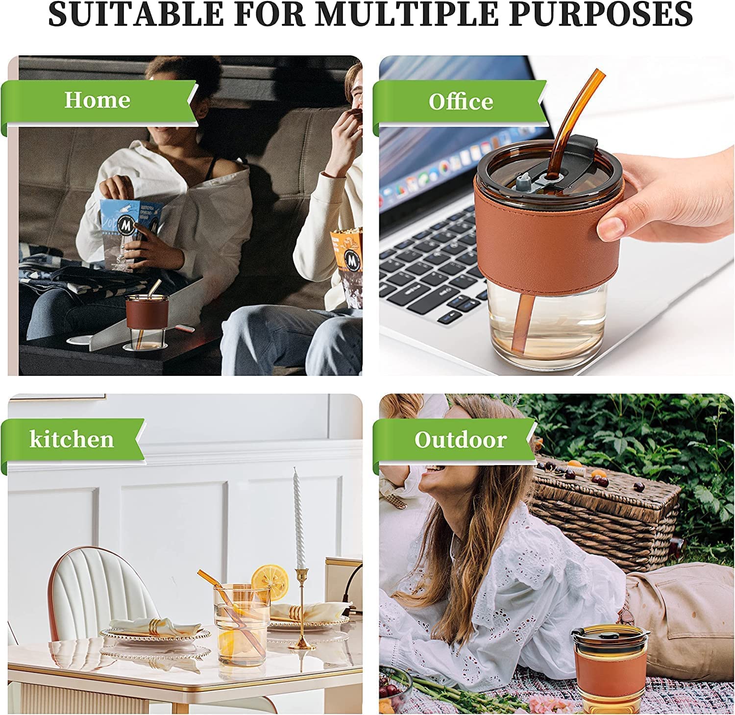 Glass Mug with Straw and Cover, 400 ml Capacity | Leakproof Glass Coffee Mug with Silicone Straw and Lid Tumbler Gardino