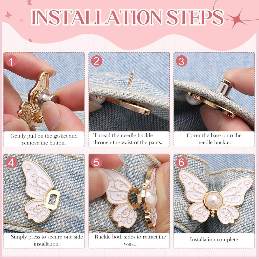 Butterfly Jean Button Waist Tightener Set – No-Sew Adjustable Waist Buckle Clips, Detachable Decorative Button Pins for Jeans & Skirts(Pack of 4)