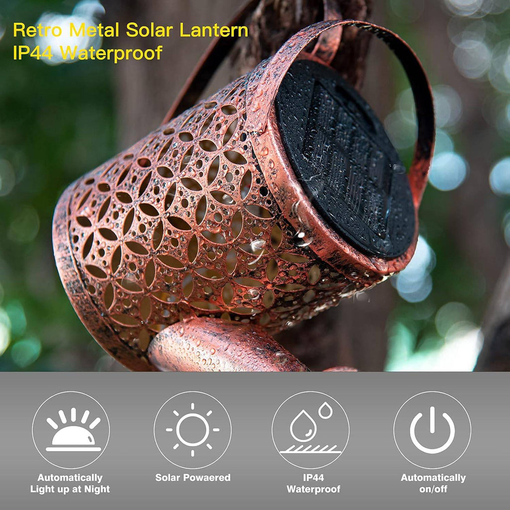 Solar Lights Outdoor Decorative, Solar Lantern Outdoor Hanging Waterproof Hollowed-Out Design, Decorative Retro Metal Solar Light with Hook Gardino