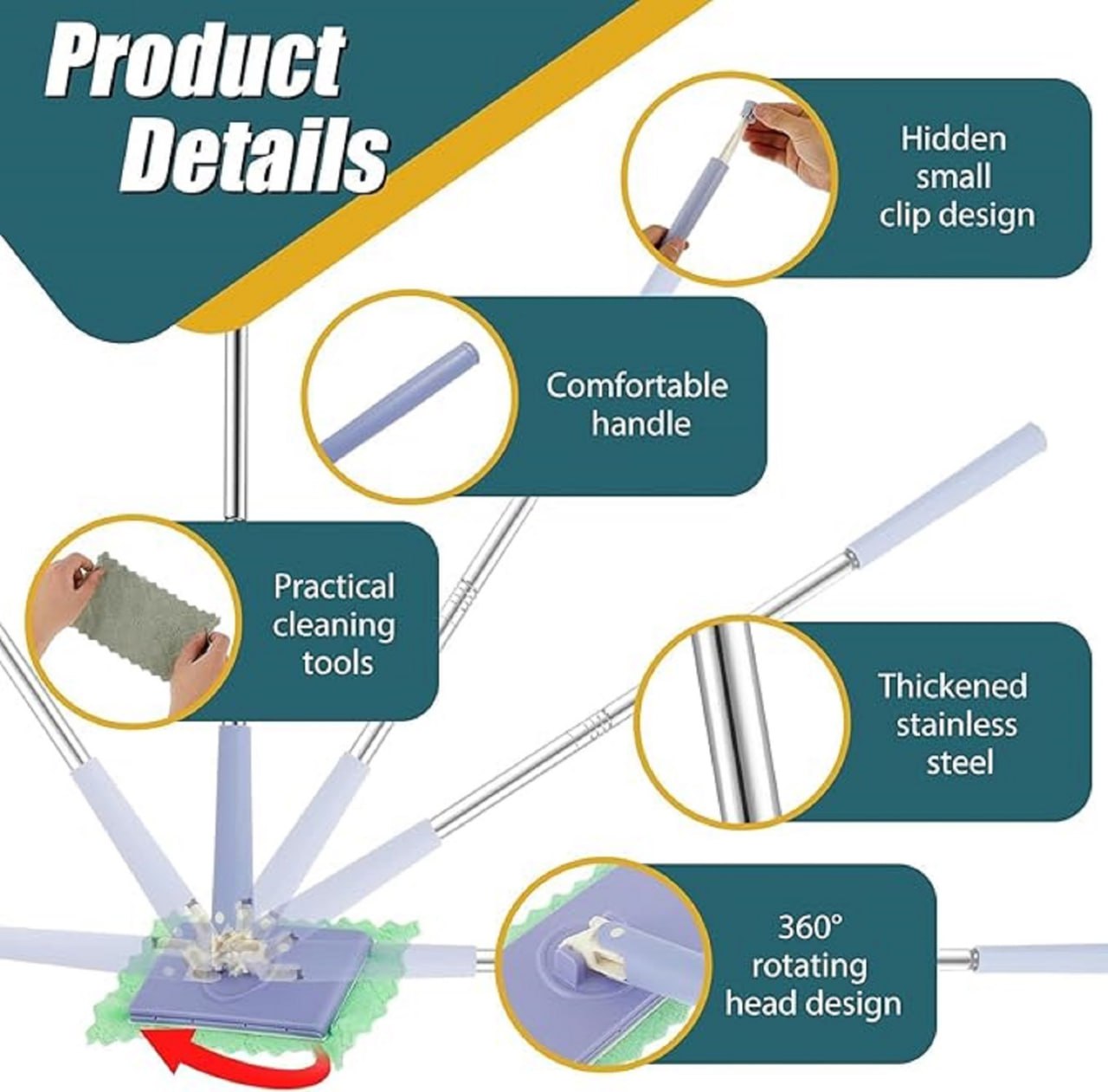 Flat Mop with Push Pull Cloth Changing Handle for Kitchen Bathroom and Tabletop Automatic Floor Cleaner with Changing Cloth Gardino