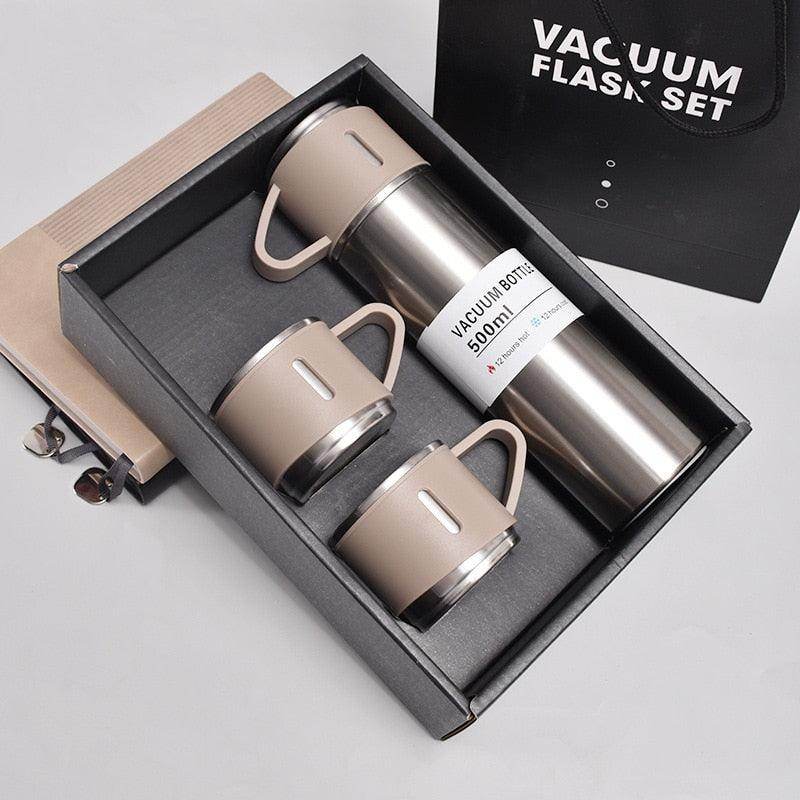 Latest Steel Vacuum Flask Set with 3 Stainless Steel Cups Combo - 500ml - Keeps HOT/Cold | Ideal Gift for Winter - Housewarming Random Color - Gardino