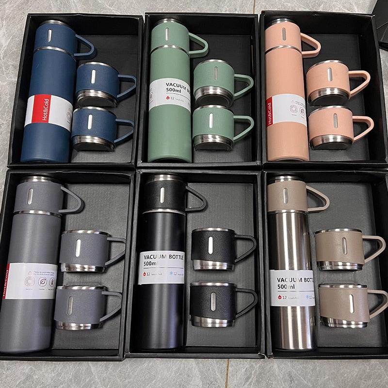 Latest Steel Vacuum Flask Set with 3 Stainless Steel Cups Combo - 500ml - Keeps HOT/Cold | Ideal Gift for Winter - Housewarming Random Color - Gardino