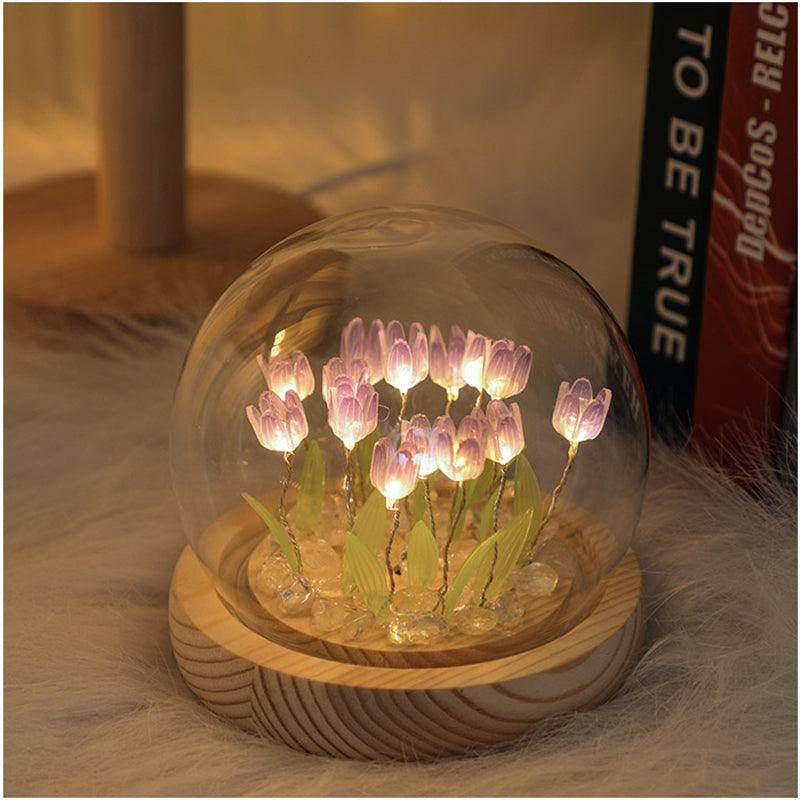 Gardino Romantic Tulip Night Light – Elegant LED Ball Lamp with Wooden Base, USB Powered for Home Decor, Soft Pink Glow, Ideal Gift for Loved Ones - Gardino