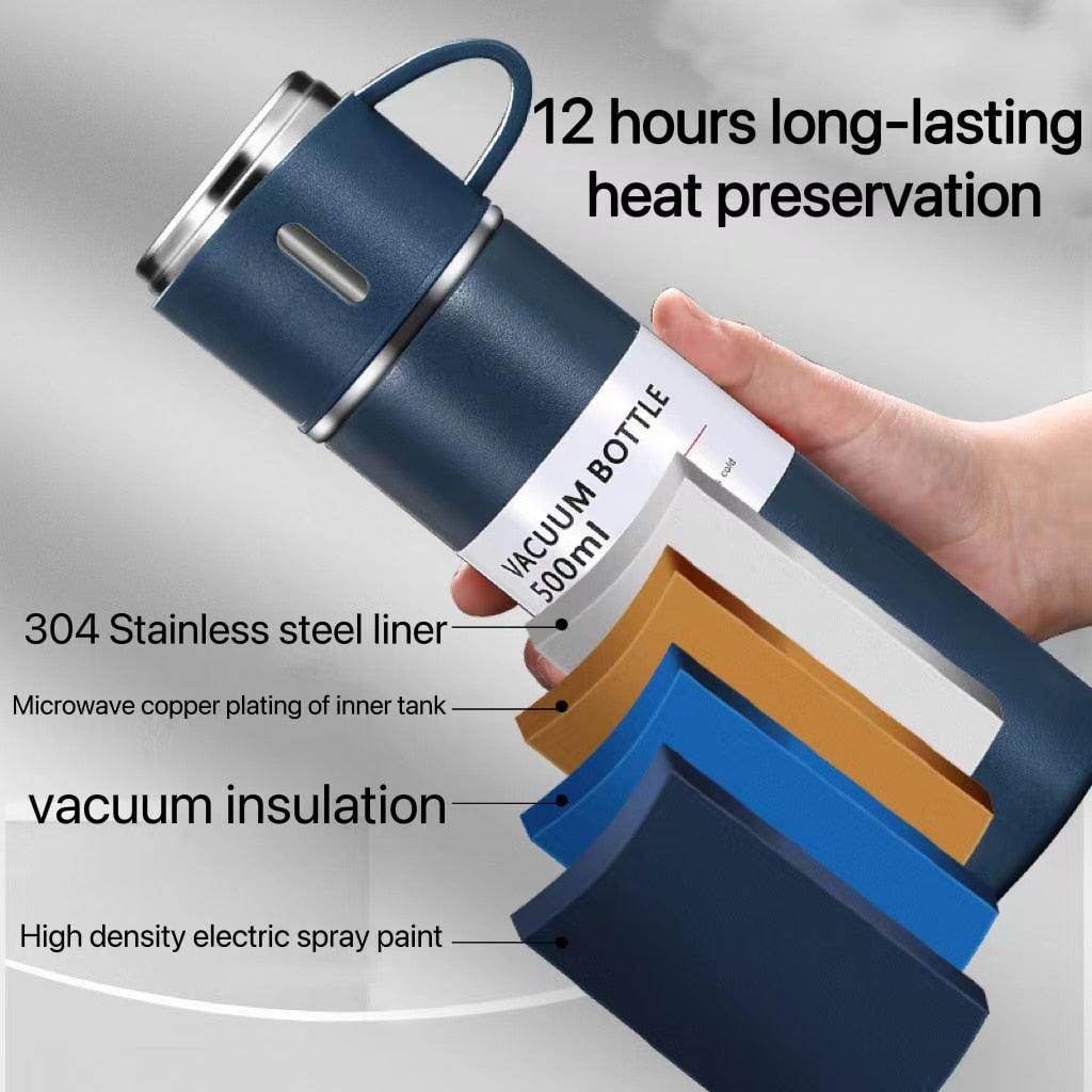 Latest Steel Vacuum Flask Set with 3 Stainless Steel Cups Combo - 500ml - Keeps HOT/Cold | Ideal Gift for Winter - Housewarming Random Color - Gardino