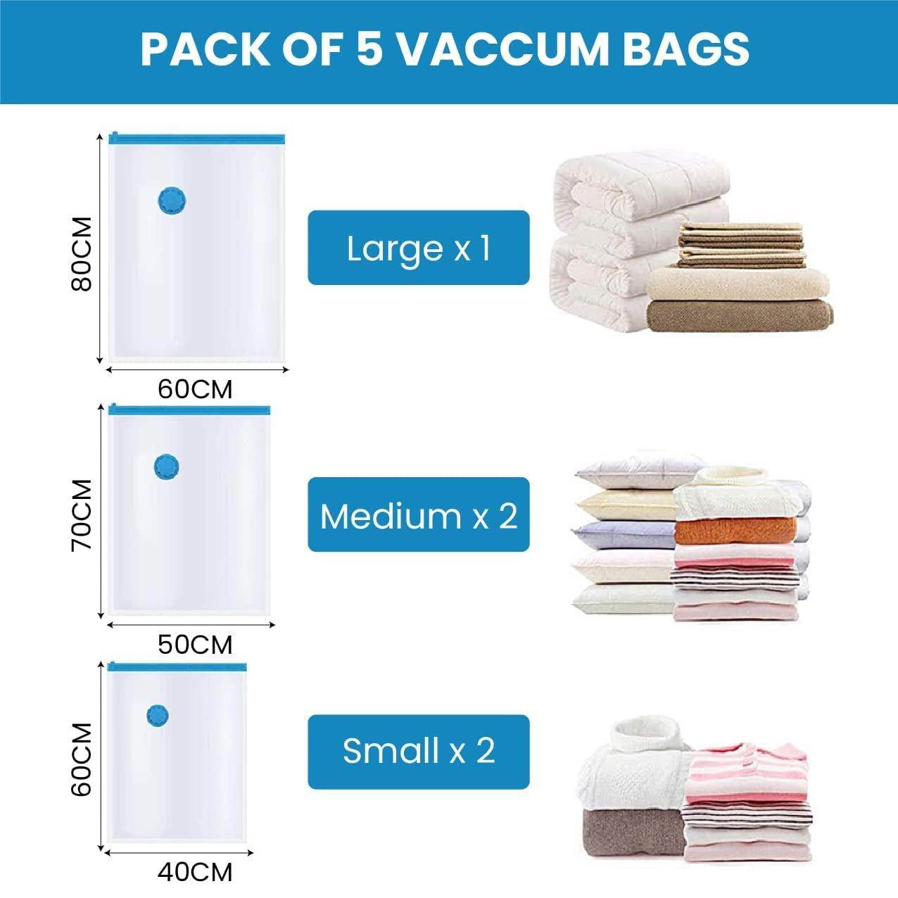 Reusable Vacuum Storage Ziplock Compression Sealer Bags for Travel clothes and home Blankets, Quilts with hand Pump - (Standard Pack of 5 (2 Small + 2 Medium + 1 Large) - Gardino