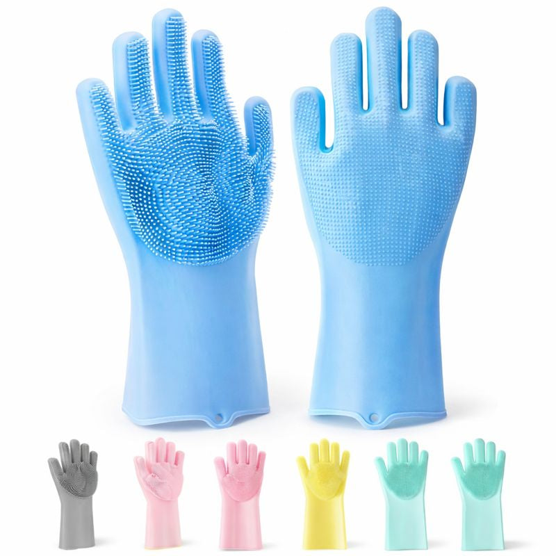 Pair of blue cleaning gloves with textured palm on a white background