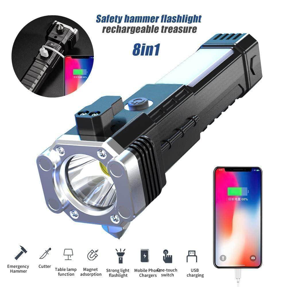 Portable Rechargeable Torch LED Flashlight Long Distance Beam Range with Power Bank, Hammer and Strong Magnets, - Gardino