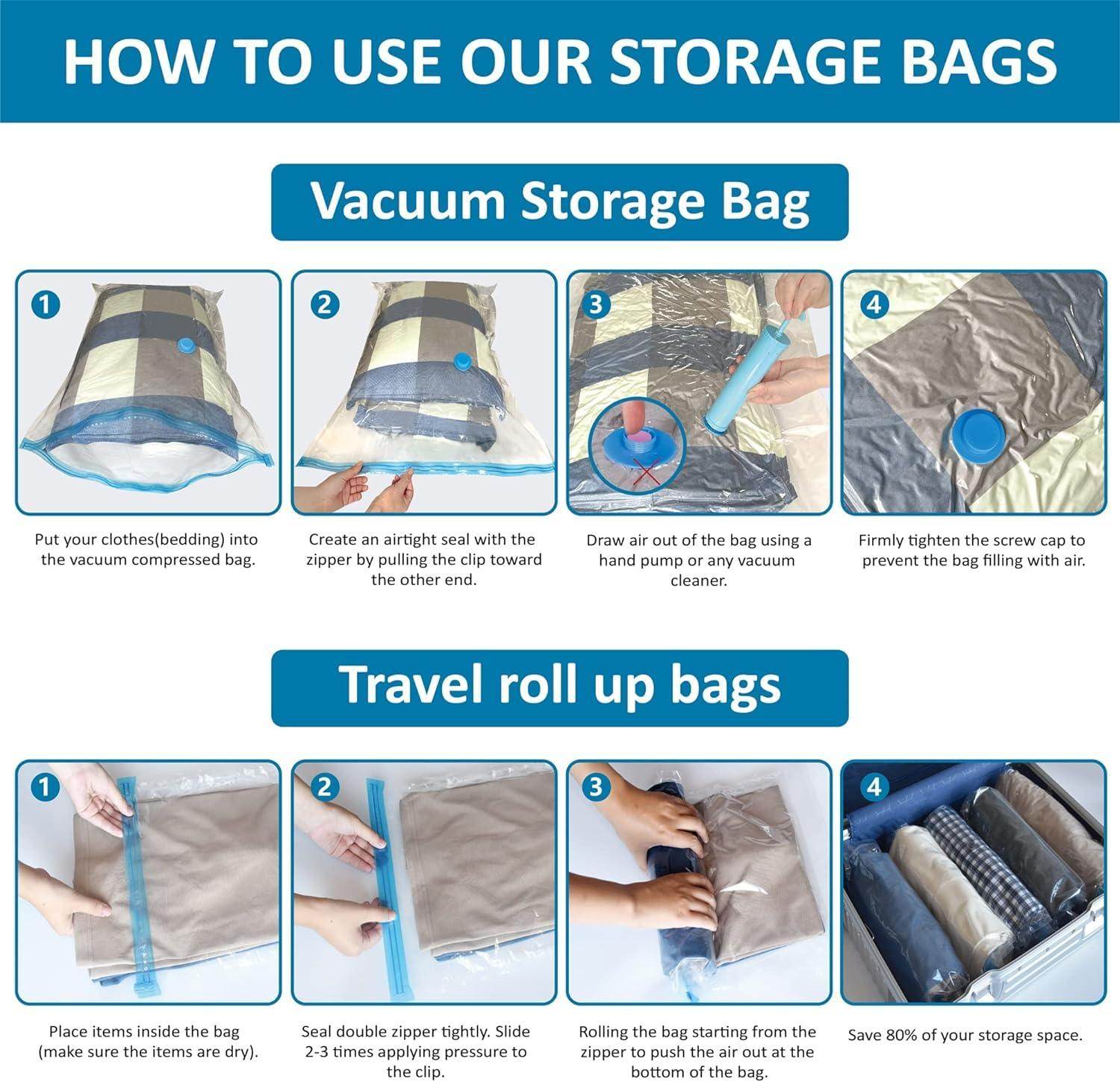 Reusable Vacuum Storage Ziplock Compression Sealer Bags for Travel clothes and home Blankets, Quilts with hand Pump - (Standard Pack of 5 (2 Small + 2 Medium + 1 Large) - Gardino