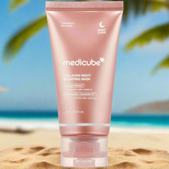 Medicube Collagen Night Wrapping Mask tube on sandy beach background beauty kojic acid cleansing pads offer