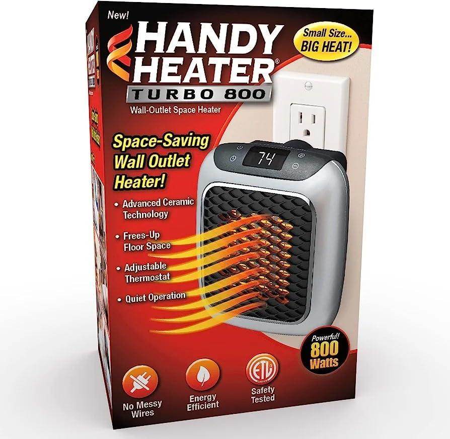 Handy Heater Turbo 800 Watts Outlet Small Space Heater with Adjustable Thermostat, Programmable 12-Hour Timer, Auto Shut Off - Quiet & Space-Saving Mini Heater - Gardino